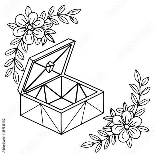 A black and white line drawing of an open jewelry box with flowers