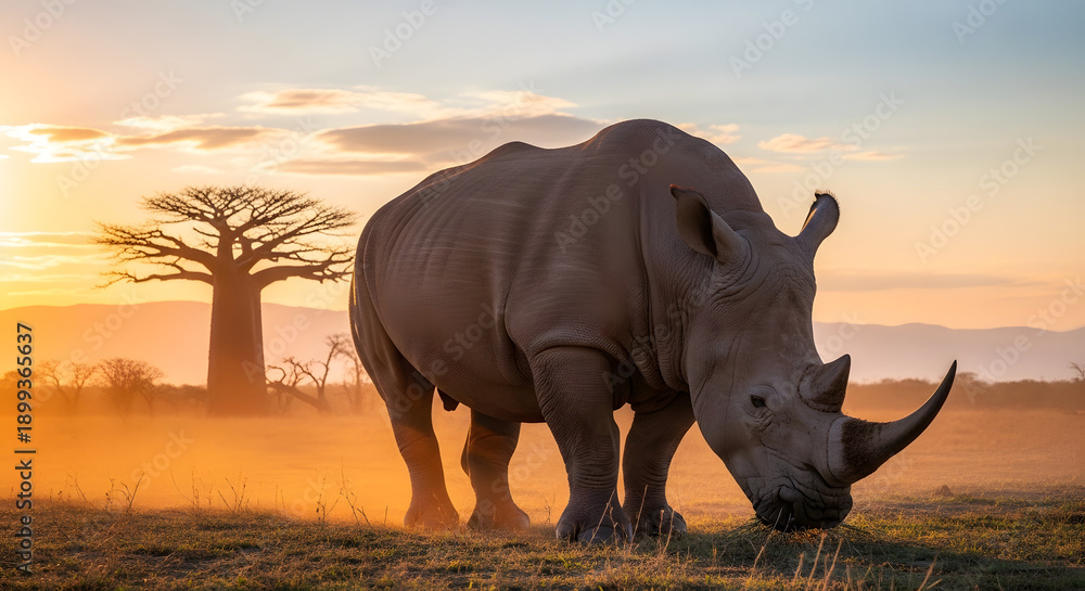 Fototapeta premium WORLD WILDLIFE DAY Medicinal Aromatic Plants Conserving Health Heritage Livelihoods – Majestic Rhinoceros White Rhino Sunrise Savanna Baobab Trees African Wildlife Endangered Species Conservation