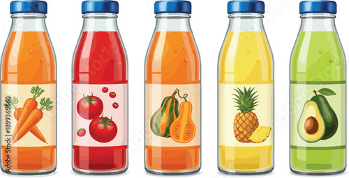 Set of colorful fruit and vegetable juice bottles with carrot, tomato, squash, pineapple, and avocado flavors, healthy organic beverage illustration concept.