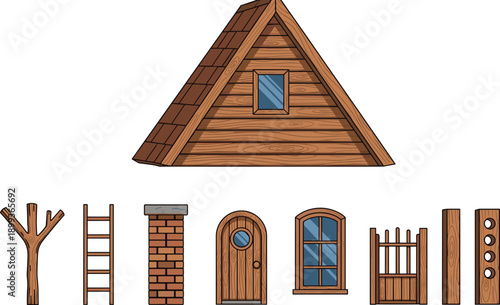 Wooden house construction elements set with roof, door, window, ladder, fence, and chimney, cartoon building assets illustration for architecture and game design.