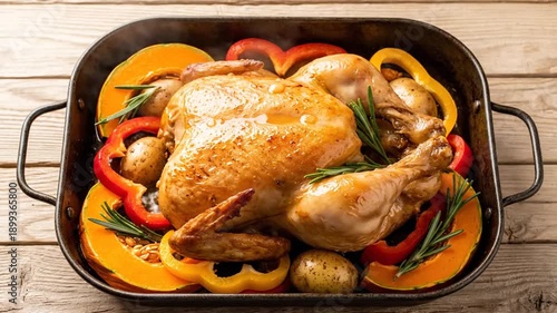Roasted Chicken with Vegetables and Herbs in a Baking Pan