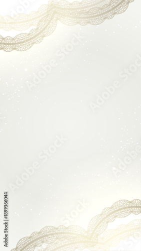Golden lace vertical frame background on white with sparkles. Luxury wedding and social media story template.