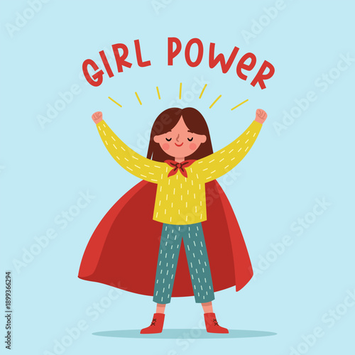 Flat vector illustration in a simple style. A woman in a red cloak stands in a warrior pose, with the inscription girl power. Vector illustration