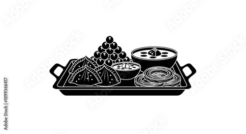 Black and white illustration of a traditional Indian food platter with various dishes, perfect for cultural and culinary themes.