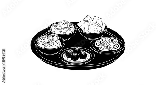 Illustration of a traditional Indian snack and dessert platter with various sweets and savories.