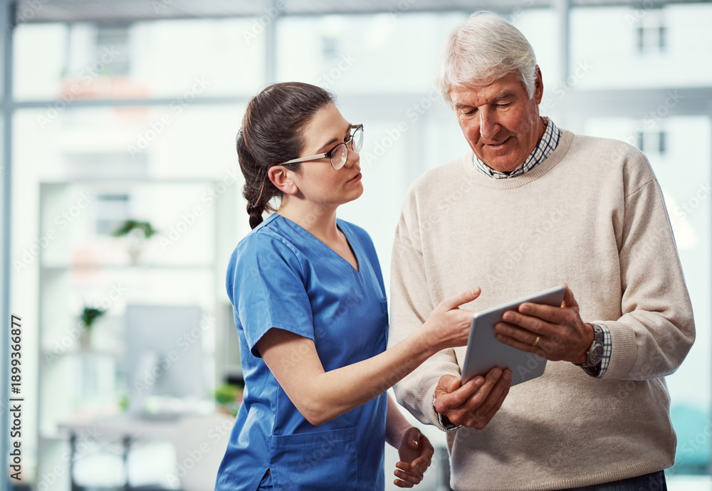 Obraz premium Nurse, tablet and help with old man in home for routine structure, dementia schedule and retirement. Online Alzheimer checklist, reading and medical report with caregiver and senior patient in house