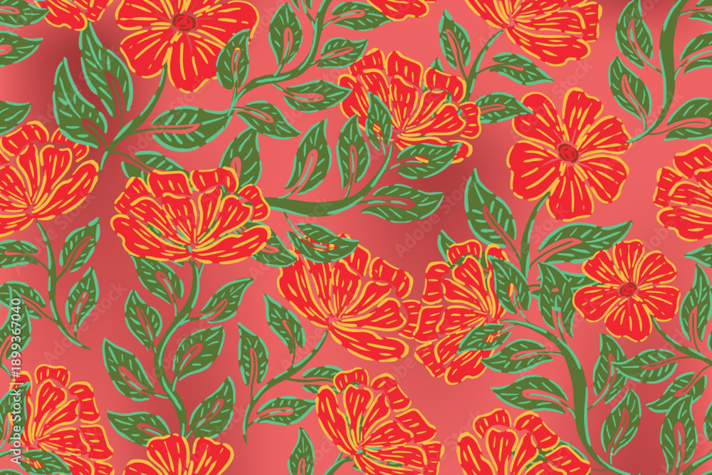 Fototapeta premium Seamless floral pattern with bold red flowers and leafy ornaments.