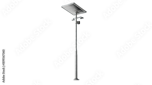 Tall street light with solar panel top, dark background, modern design