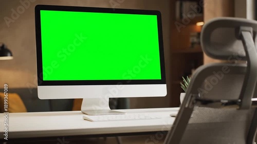 Computer monitor with a green screen in a home office setting