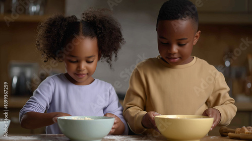 Siblings happily decorating cupcakes at home