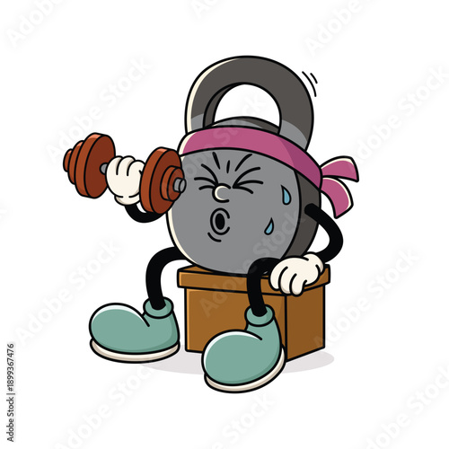 Vintage Fitness Kettlebell Mascot Character Retro Style