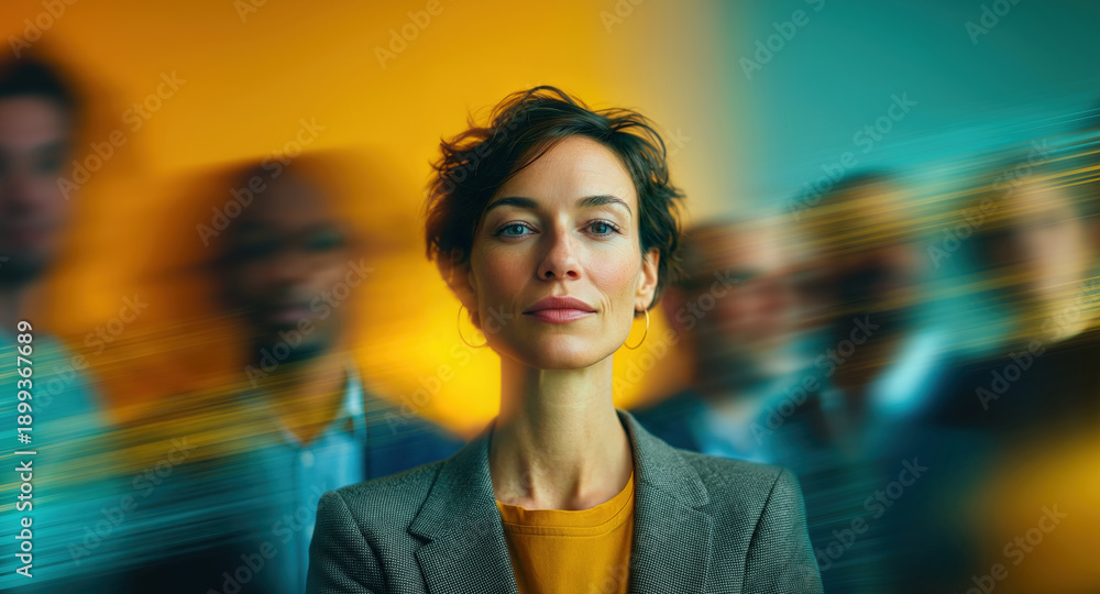 Obraz premium Calm female business leader in focus with diverse team streaking by in vibrant yellow teal scene