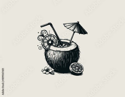 Hand drawn coconut drink illustration shows tropical beverage with straw and garnish minimalist