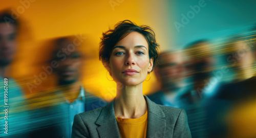Calm executive woman in focus with diverse team streaking by in vibrant yellow teal scene