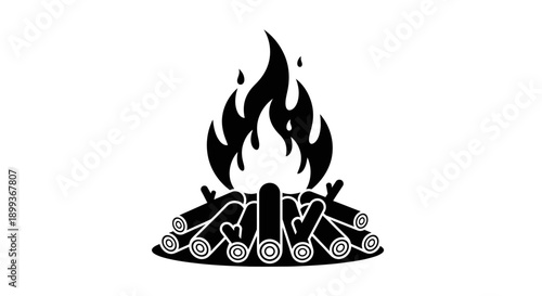 Bonfire with burning wood logs and flames in black and white icon illustration.