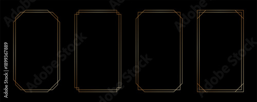 Thin golden frame set in art deco style. Luxury modern line rectangle gold borders. Brass glowing shiny boarder element pack for photocard. Vector illustration isolated on black background.