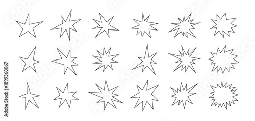 Irregular star shape line icons set. Abstract starburst symbol. Comic burst sticker. Graphic line design collage element. Spiky cartoon figure. Vector illustration isolated on white background.
