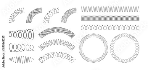 Spiral spring set. Metal wire coil spring icon collection. Thin zigzag waves symbol. Flexible coil shapes. Loop line pattern. Vector illustration isolated on white background. 