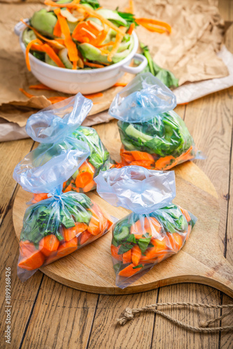 Assortment of fresh vegetables prepared and packaged for freezing