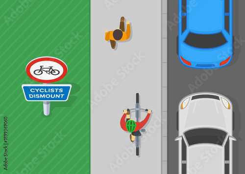 Traffic regulation rules and tips. Top view of a pedestrian and cyclist walking on sidewalk. "No pedal cycle, cyclist dismount" road sign area. Flat vector illustration template.