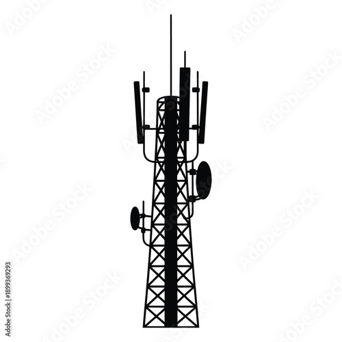 Black silhouette illustration of telecommunications tower cell phone mast transmission technology signal antenna structure broadcasting wireless connectivity base station