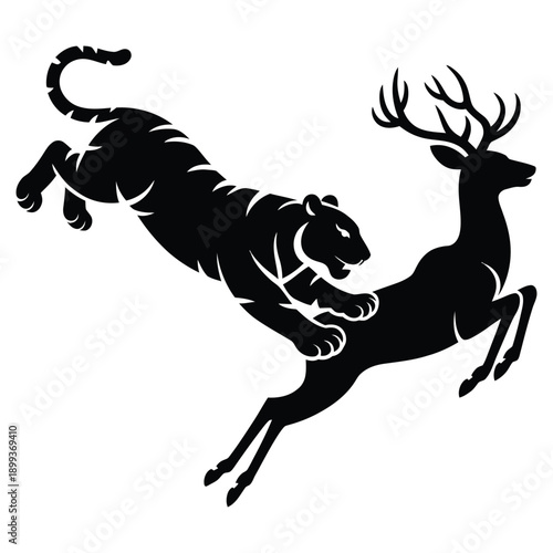 Vicious black tiger predator attacking leaping deer prey in dynamic chase scene representing wild nature balance or struggle silhouette