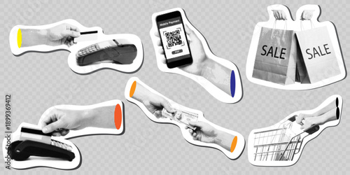 Halftone retail payment and shopping sticker set featuring credit card transactions, mobile QR code pay, sale bags, cash exchange, and shopping cart