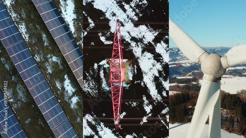 Collage showing solar panels power station, wind turbine propeller and power transmission lines in winter. Concept of green energy, sustainable electricity, and environmental responsibility.