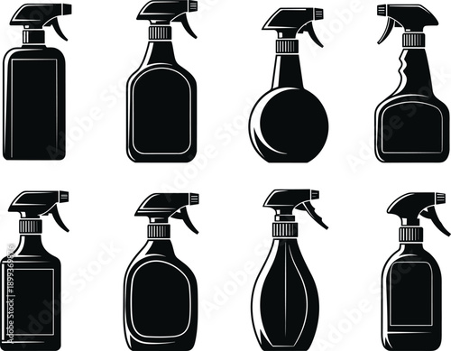 Cleaning spray bottle silhouettes set, household detergent containers vector illustration, empty packaging design, plastic bottles, black icons, collection