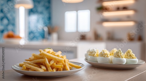 Plates of Golden French Fries and Creamy Deviled Eggs on a Wooden Table in a Modern Kitchen Setting .