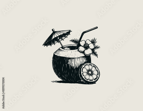 Hand drawn coconut drink illustration shows tropical beverage with straw and garnish minimalist