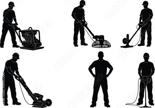 Construction worker silhouette set, industrial laborers using heavy equipment tools, professional maintenance jobs illustration, manual work vector black icons