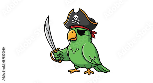Green parrot character dressed as a pirate wearing a skull hat and eyepatch holding a sharp silver sword in its wing.