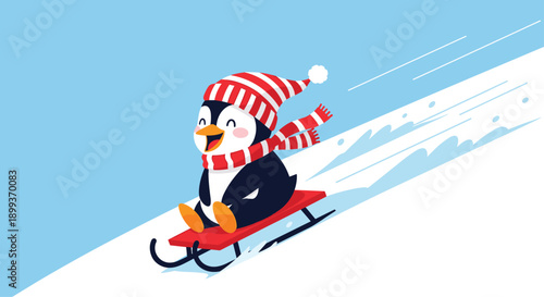 Happy little penguin wearing a red and white striped hat and scarf sliding fast down a snowy hill on a red sled with joy.