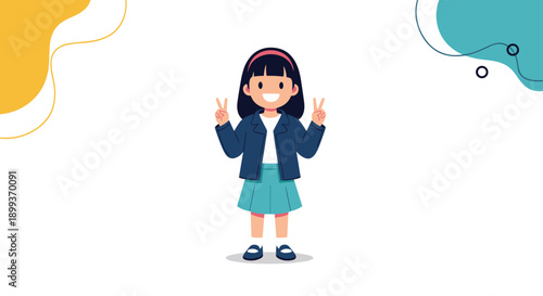 Cheerful young girl wearing a navy blue jacket and turquoise skirt giving the peace sign with both hands against a decorated background.