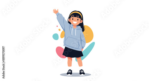 Happy young girl wearing a comfortable light blue hoodie and black skirt waving her hand with a big smile and bright background shapes.