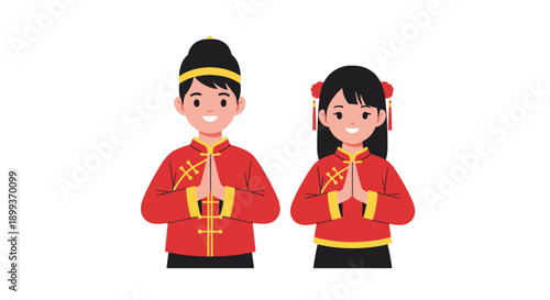 Young boy and girl in traditional red Chinese festival clothing with their hands together in a respectful lunar new year greeting.