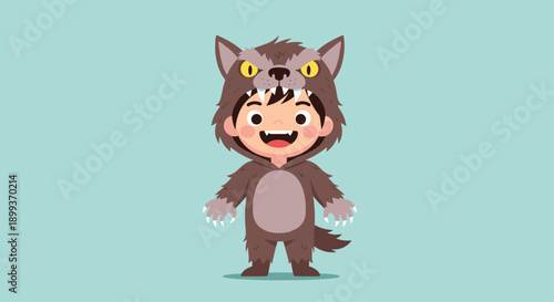 Cute young boy dressed in a furry brown werewolf costume with sharp teeth and claws for a Halloween celebration.
