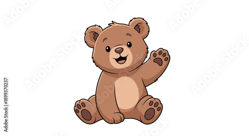 Cute brown teddy bear sitting down and waving its paw friendly in a charming vector illustration for children.