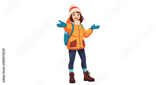 Enthusiastic girl hiker with a blue backpack and orange winter jacket gestures with open arms on a white background.