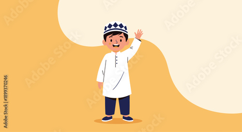 Young Muslim boy wearing a traditional white thobe and patterned kufi hat waves hello against a soft yellow background.