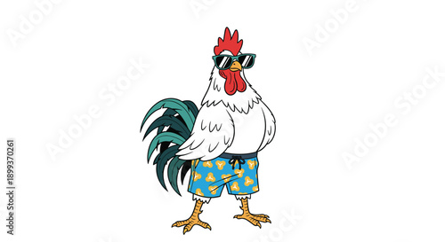 Stylish white rooster wearing green sunglasses and blue floral swim trunks stands confidently for a summer vacation.