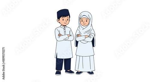 Respectful young Muslim couple wearing traditional white and blue clothing stand with their arms crossed confidently.