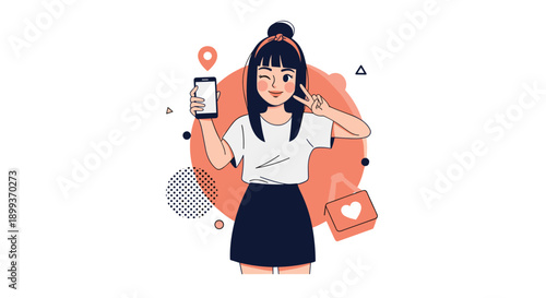 Stylish young girl takes a selfie with a smartphone while gesturing a peace sign against an abstract orange background.