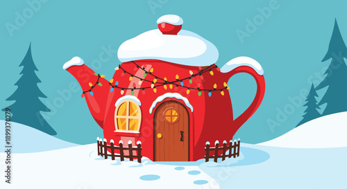 Whimsical red teapot house decorated with festive lights sits in a snowy landscape surrounded by evergreen trees.