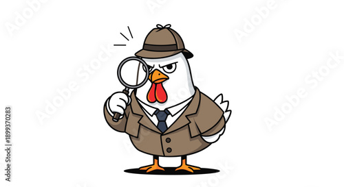 Serious white rooster dressed in a detective coat and hat looks through a magnifying glass to solve a farm mystery.