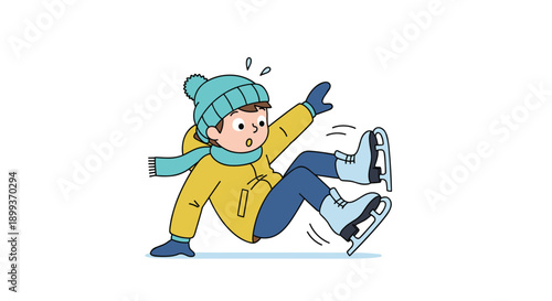 Surprised young boy in winter gear loses his balance and falls down while ice skating on a slippery frozen surface.