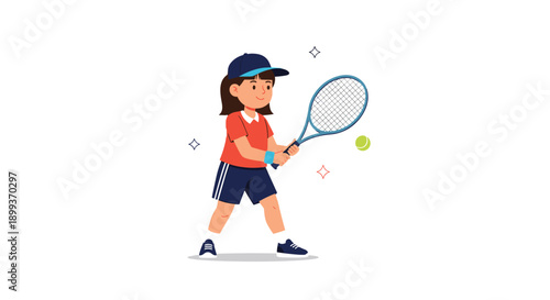 Young girl wearing a blue cap and red shirt focuses on hitting a tennis ball with her racket during a practice match.