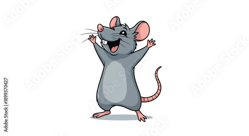 Happy grey mouse with pink ears and a long tail stands with its arms raised high in a joyful and excited pose.