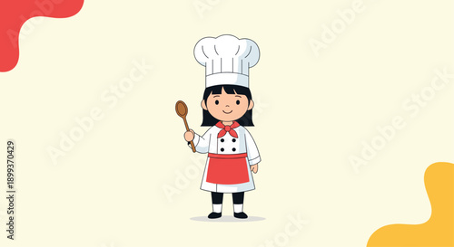 Ambitious young girl wearing a white professional chef uniform and tall hat holds a wooden spoon against a warm background.
